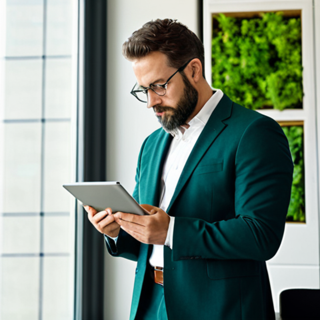 A professional architect, focused and thoughtful, wearing a modest business suit, reviewing digital blueprints on a tablet in a modern, sustainable office space. The office features large windows with natural light, a green wall in the background, and a collection of professional books on sustainable design. The architect's posture is natural and engaged, reflecting deep concentration. Perfect anatomy, correct proportions, natural pose, well-formed hands, proper finger count, natural body proportions. Fully clothed, appropriate attire, professional dress, safe for work, appropriate content, family-friendly, high quality, professional photography.