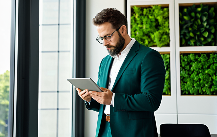 A professional architect, focused and thoughtful, wearing a modest business suit, reviewing digital blueprints on a tablet in a modern, sustainable office space. The office features large windows with natural light, a green wall in the background, and a collection of professional books on sustainable design. The architect's posture is natural and engaged, reflecting deep concentration. Perfect anatomy, correct proportions, natural pose, well-formed hands, proper finger count, natural body proportions. Fully clothed, appropriate attire, professional dress, safe for work, appropriate content, family-friendly, high quality, professional photography.