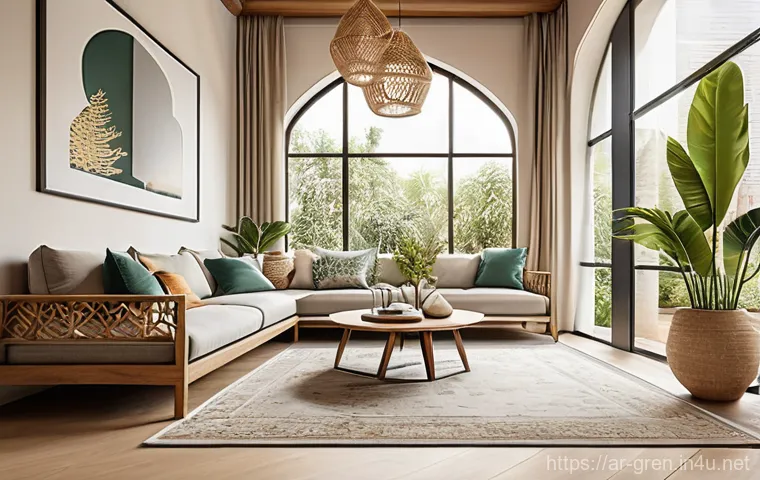 친환경 건축과 정부 지원 정책 - Image Prompt 1: Serene Green Arabian Home Interior**