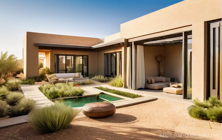 친환경 건축과 클린테크 기술 - **A Modern Arabian Eco-Home with Family:**
    "A stunning exterior shot of a contemporary, sustaina...