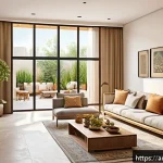 친환경 건축과 건강 친화적 설계 - A modern sustainable home interior featuring natural materials like treated wood and clay bricks, la...