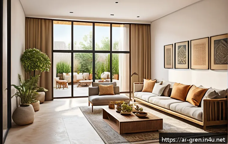친환경 건축과 건강 친화적 설계 - A modern sustainable home interior featuring natural materials like treated wood and clay bricks, la...