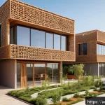 친환경 건축 공모전 준비 방법 - A modern sustainable building in a warm Middle Eastern urban environment, featuring natural material...