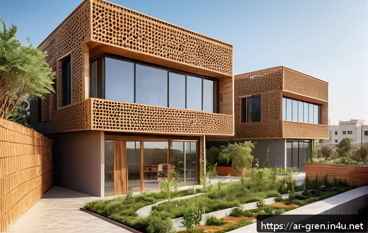 친환경 건축 공모전 준비 방법 - A modern sustainable building in a warm Middle Eastern urban environment, featuring natural material...